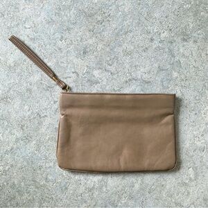 vintage taupe brown grey gray faux leather pouch with wrist handle
